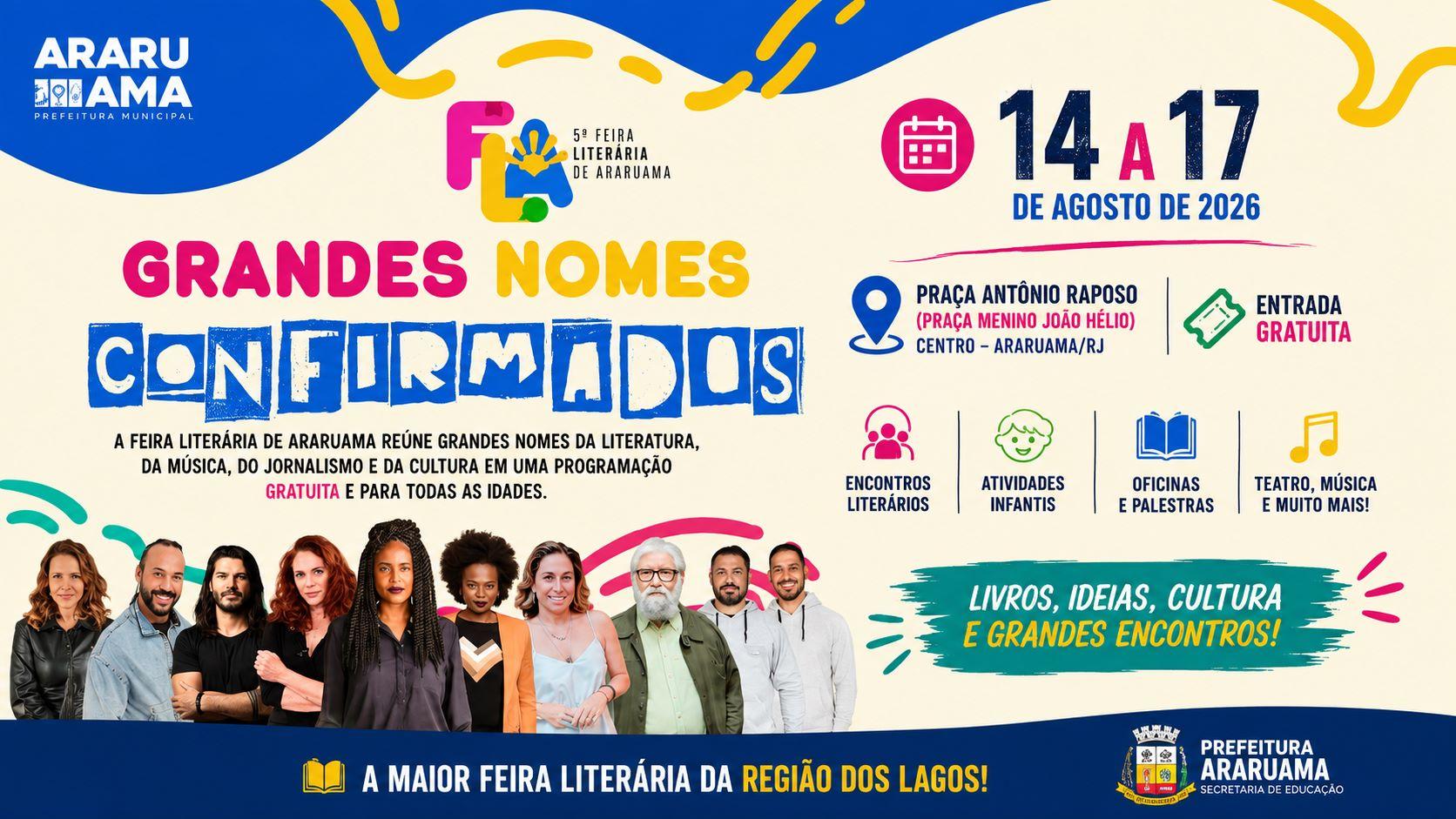 Araruama Literária 2026 na Praça Antônio Raposo em Araruama