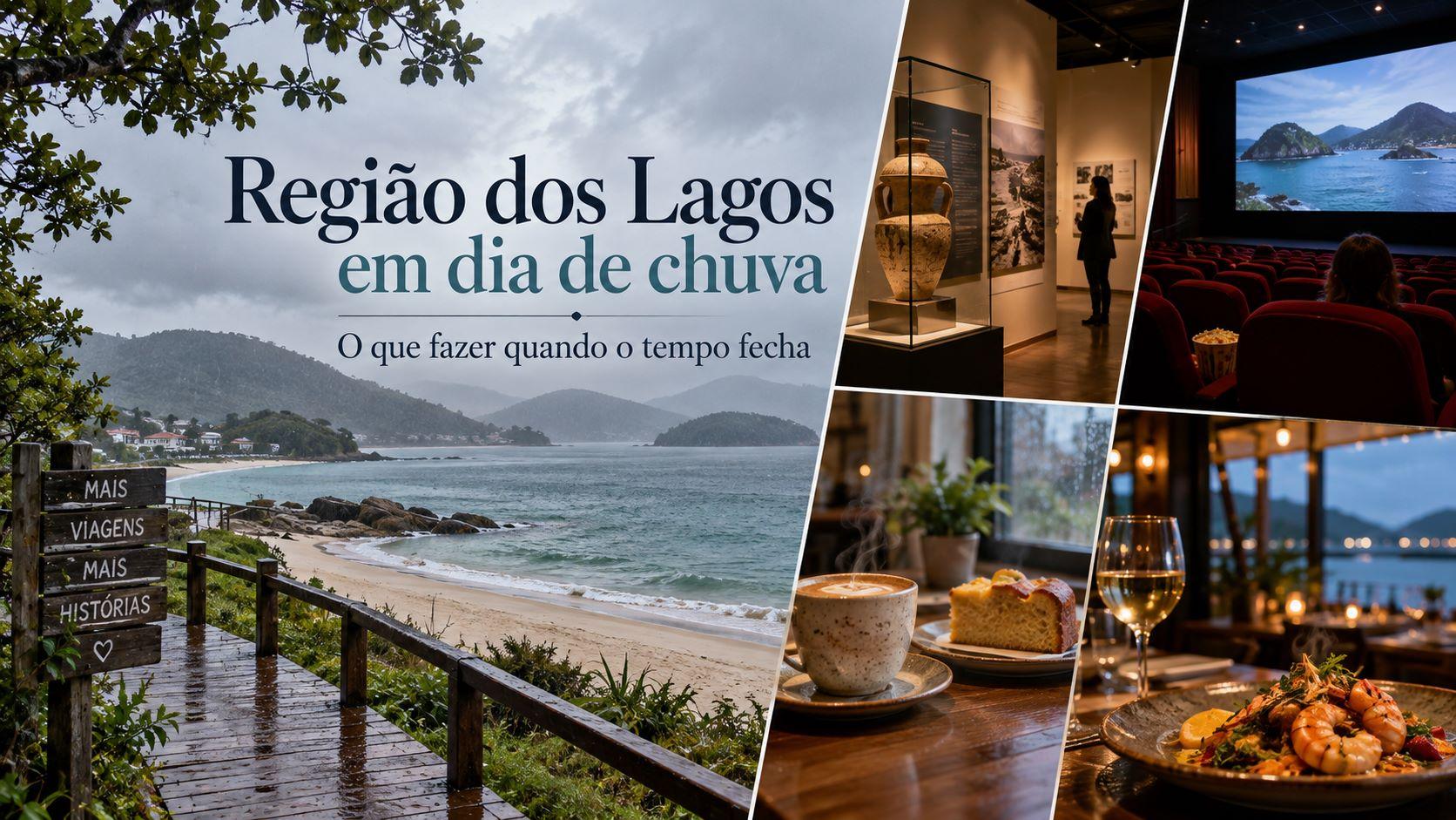 Região dos Lagos em dia de chuva com opções de passeios e atrações cobertas