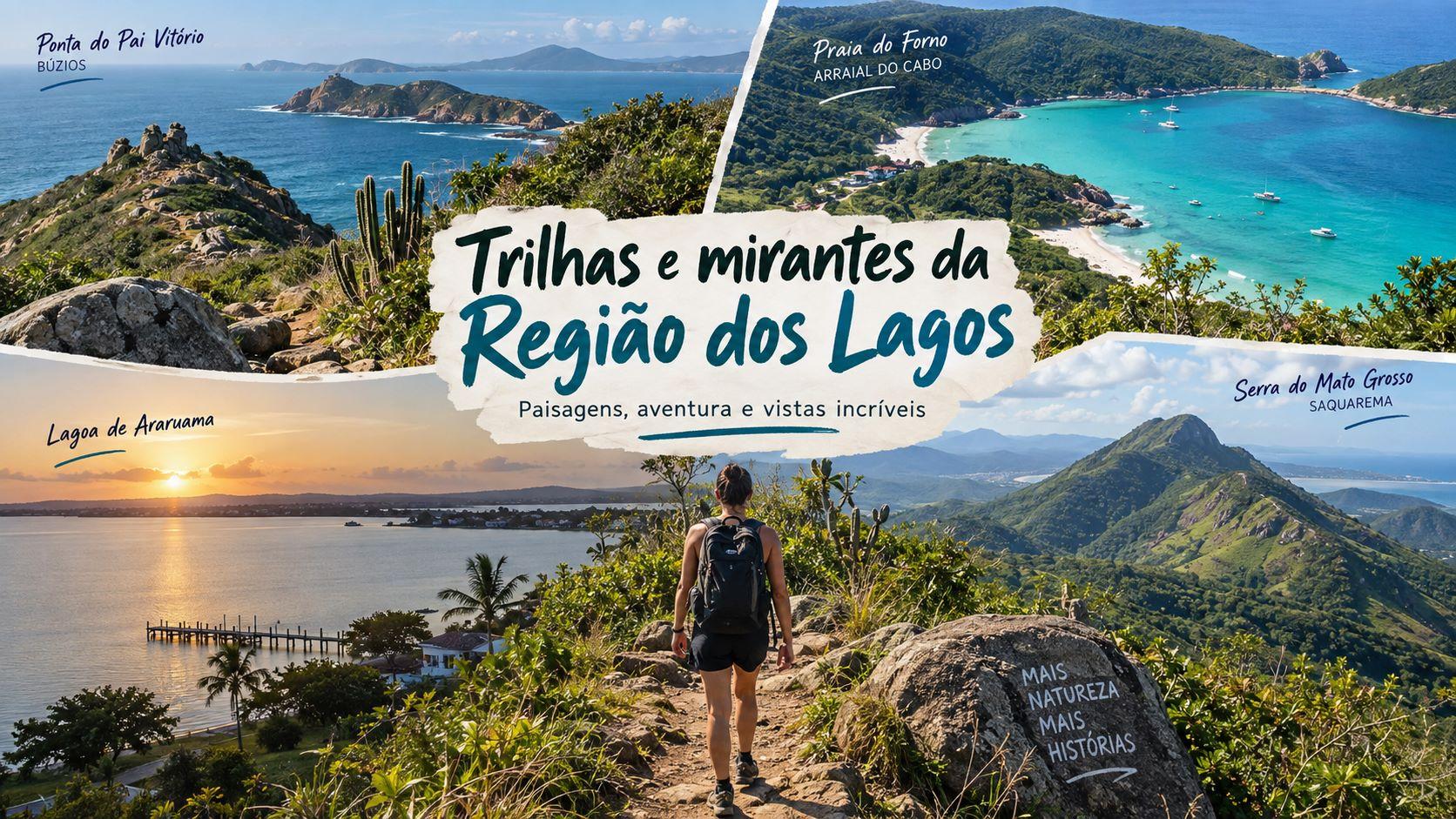 Trilhas e mirantes da Região dos Lagos com vistas para praias, lagoas e montanhas